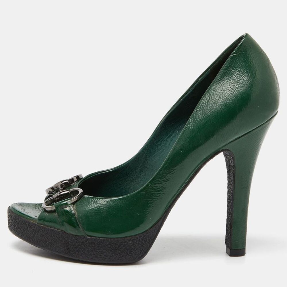 Gucci Green Patent Leather Horsebit Peep Toe Pumps Size 36